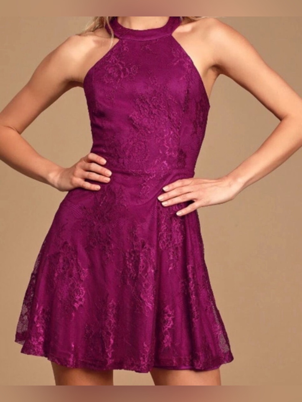 Lulu's Plum Lace Halter Skater Mini Dress
